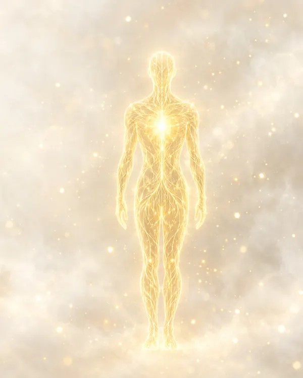 A human figure drawn in golden lines of light in a bright mist