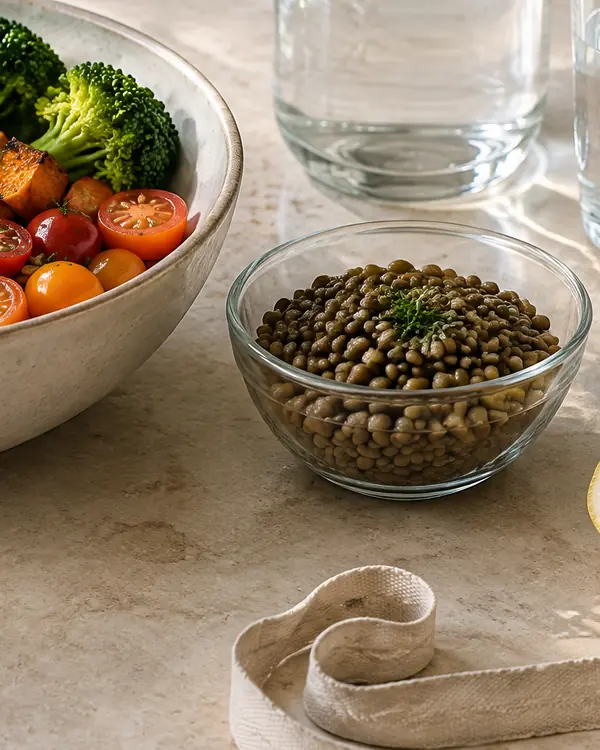 Kireçtaşı masada taze sebzeler, mercimek, limon ve bir sürahi su