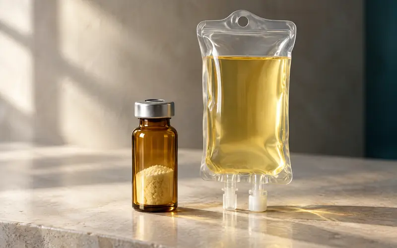 Kireçtaşı zemin üzerinde etiketsiz amber cam flakon ve altın sarısı serum torbası